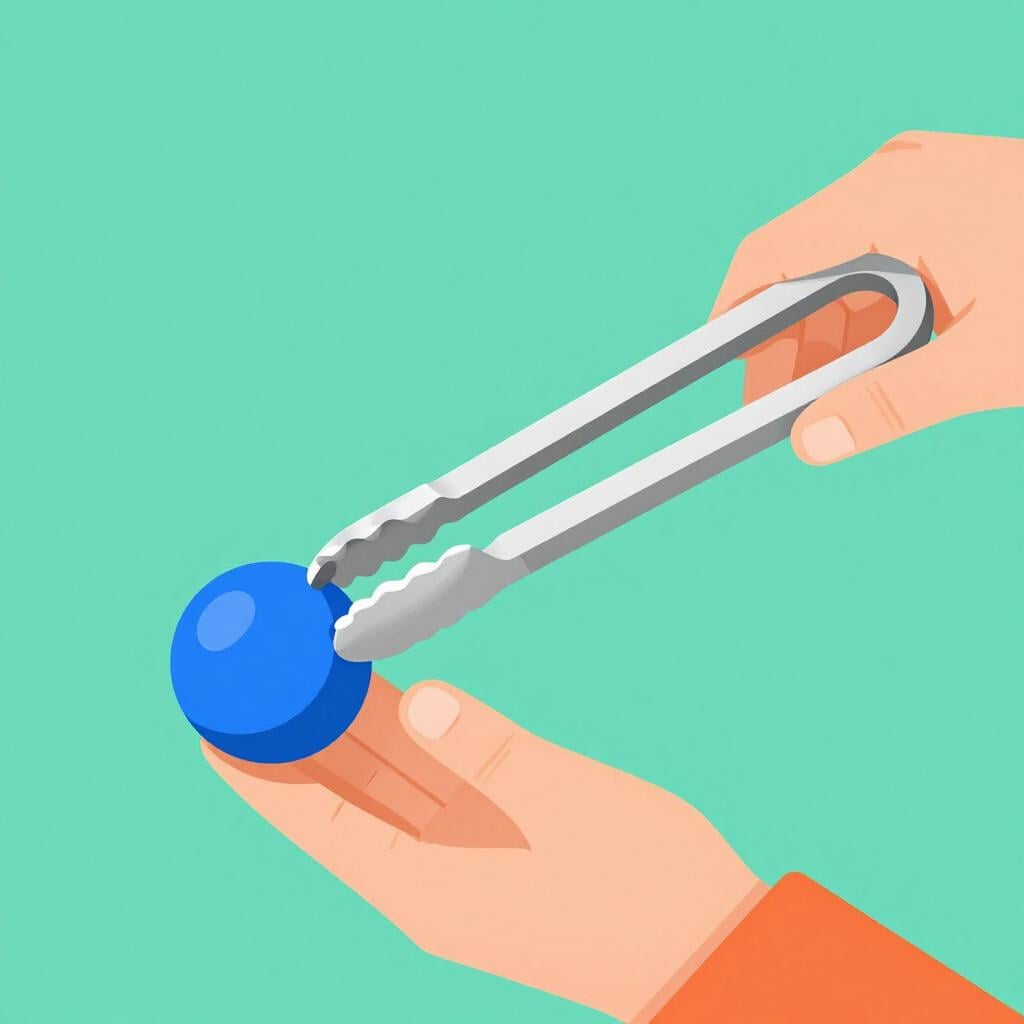 A person using a long pair of tongs to carefully move a small object.