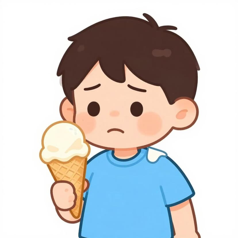 Un bambino triste guarda un cono gelato con una pallina molto piccola, quando si aspettava una grande.