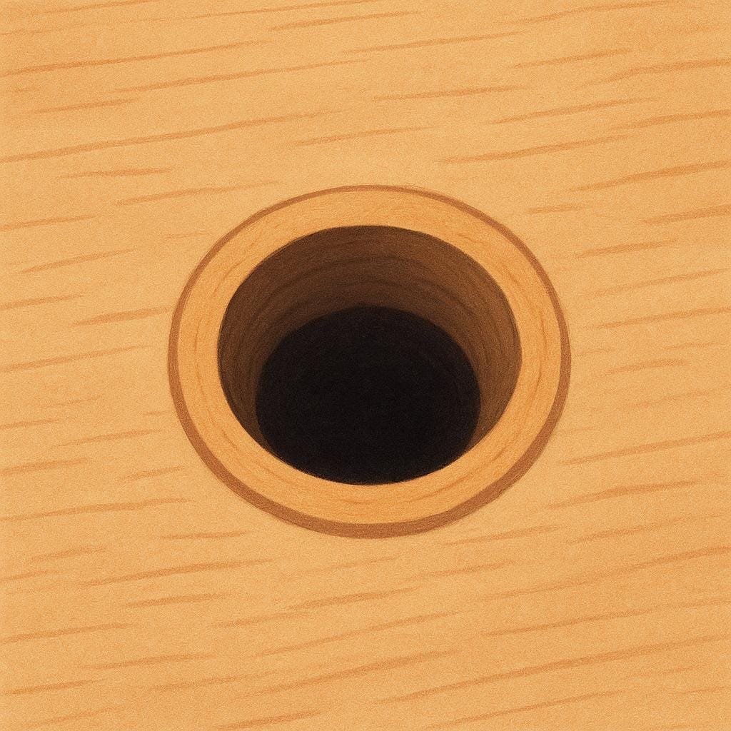 A simple illustration showing a small, dark, circular hole drilled into a smooth wooden surface.