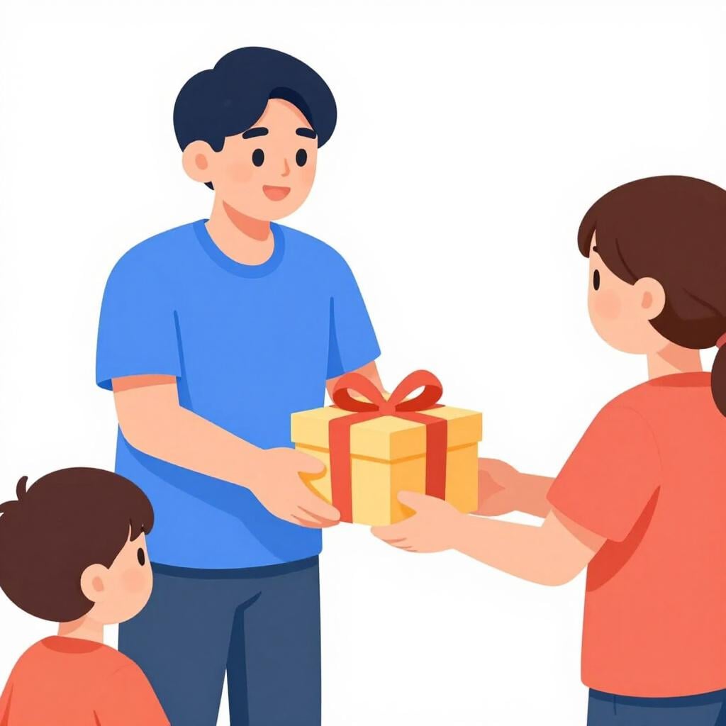 Een persoon die een cadeau aan een tweede persoon geeft, die het vervolgens aan een derde persoon geeft.