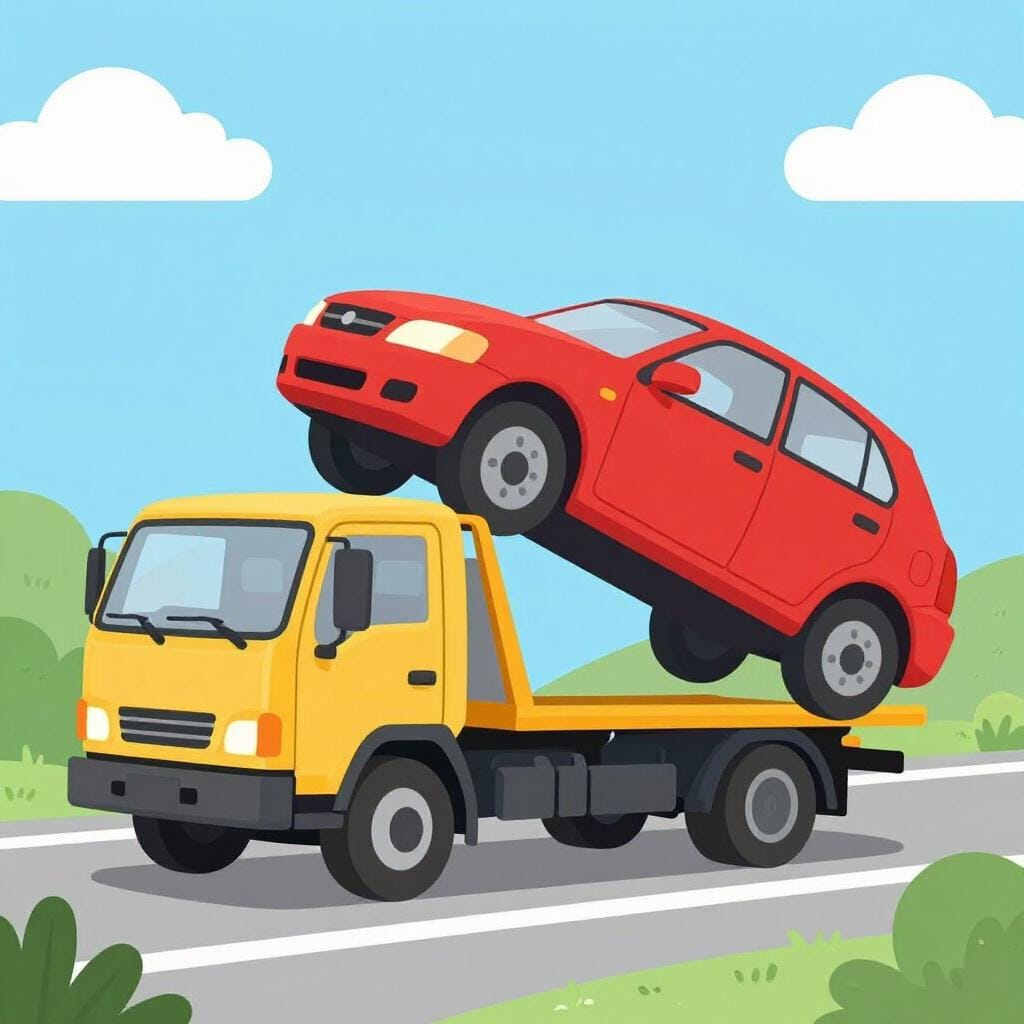 Een sleepwagen die een pechauto over de weg trekt.