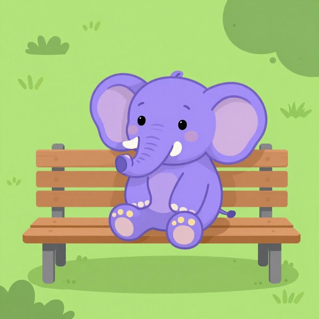 Een felpaarse olifant met gele stippen die op een groene parkbank zit.