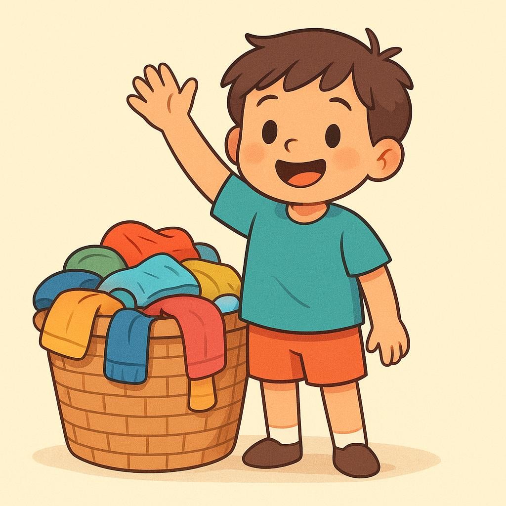 A smiling child stands next to a simple chore, like a laundry basket, and raises their hand high above their head to volunteer for the task.