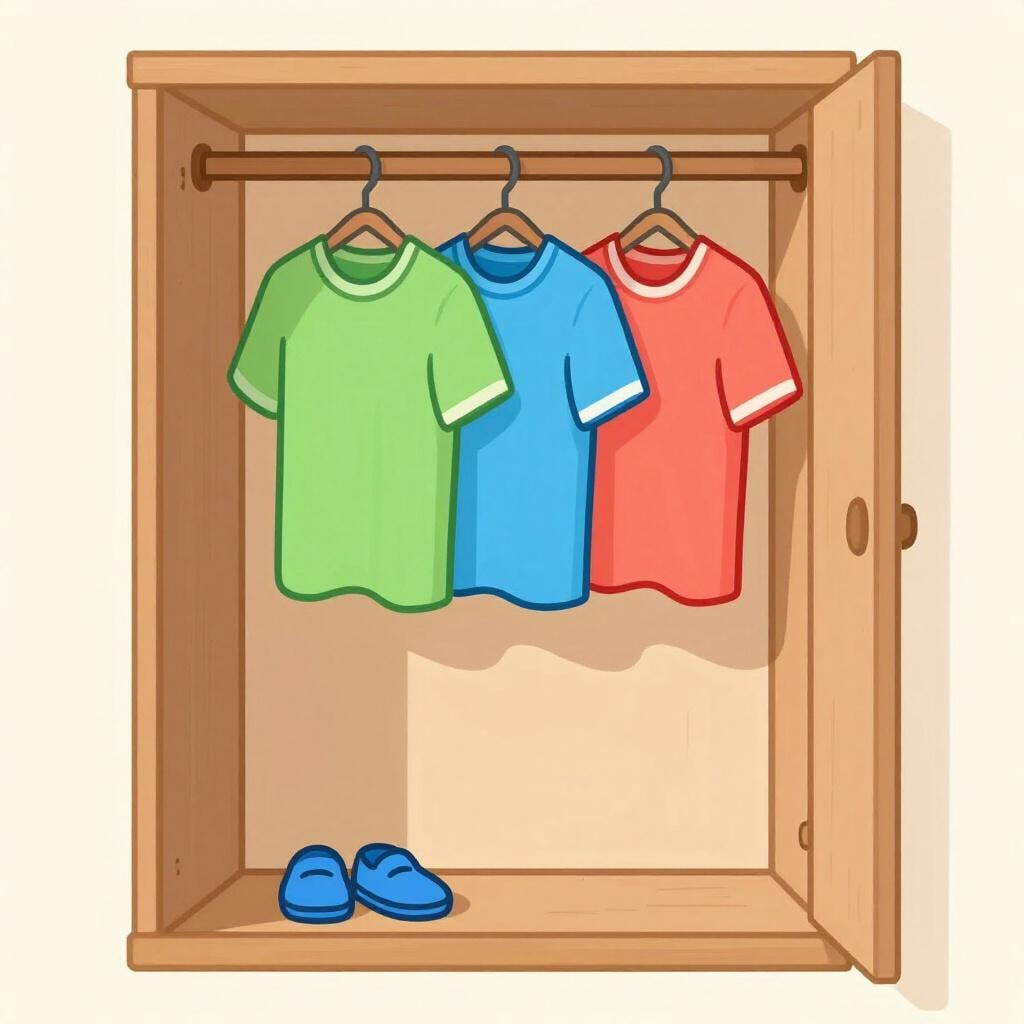 Um armário de madeira arrumado com várias camisas coloridas penduradas num varão e um par de sapatos no chão.