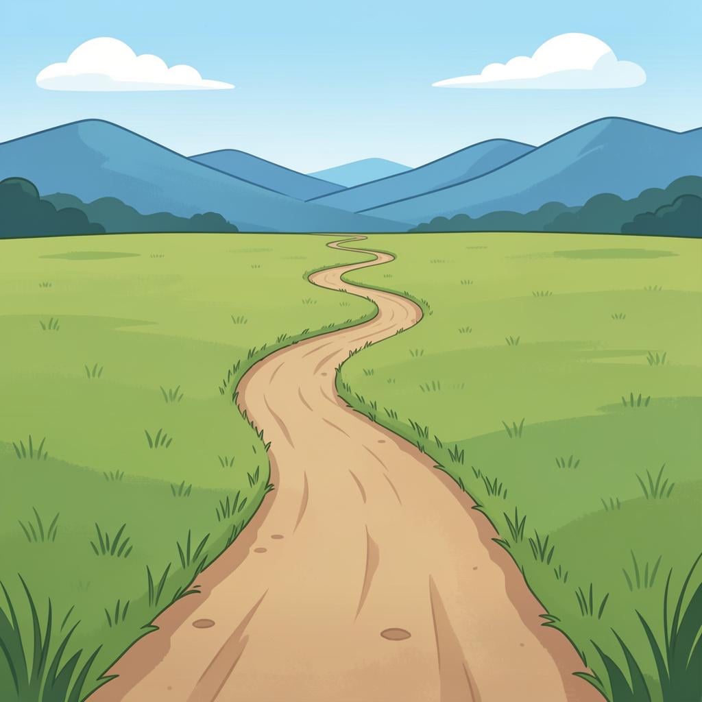 A long, winding dirt path stretching through a vast green field toward distant blue hills.
