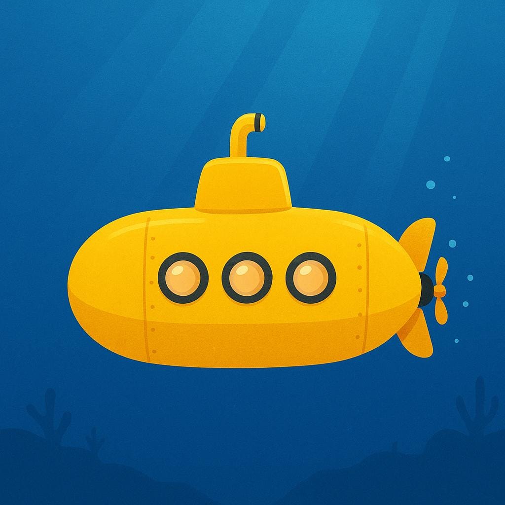A bright yellow submarine vessel sailing deep underwater, creating small trails of bubbles.