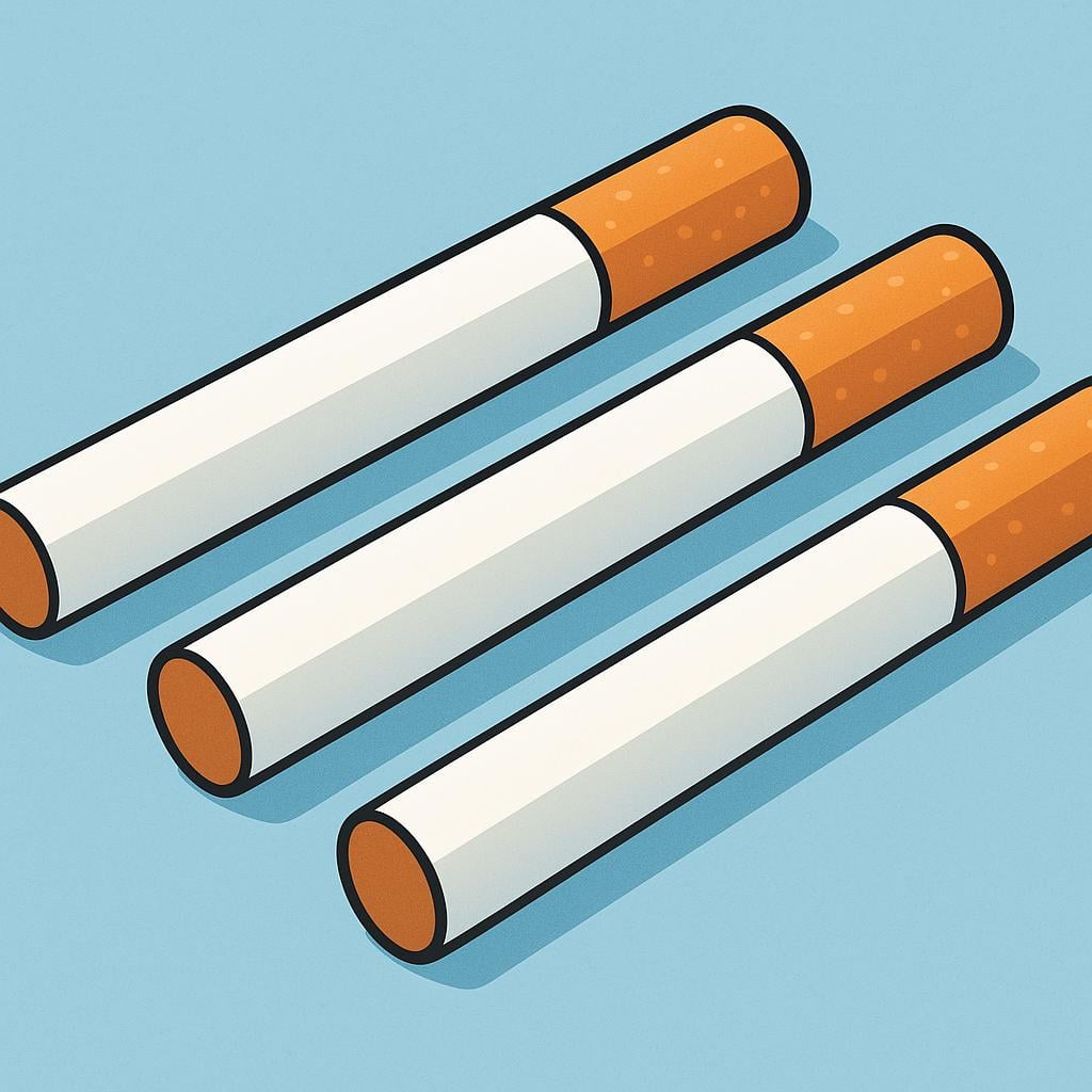 A close-up view of three unlit cigarettes with filters placed against a solid background.