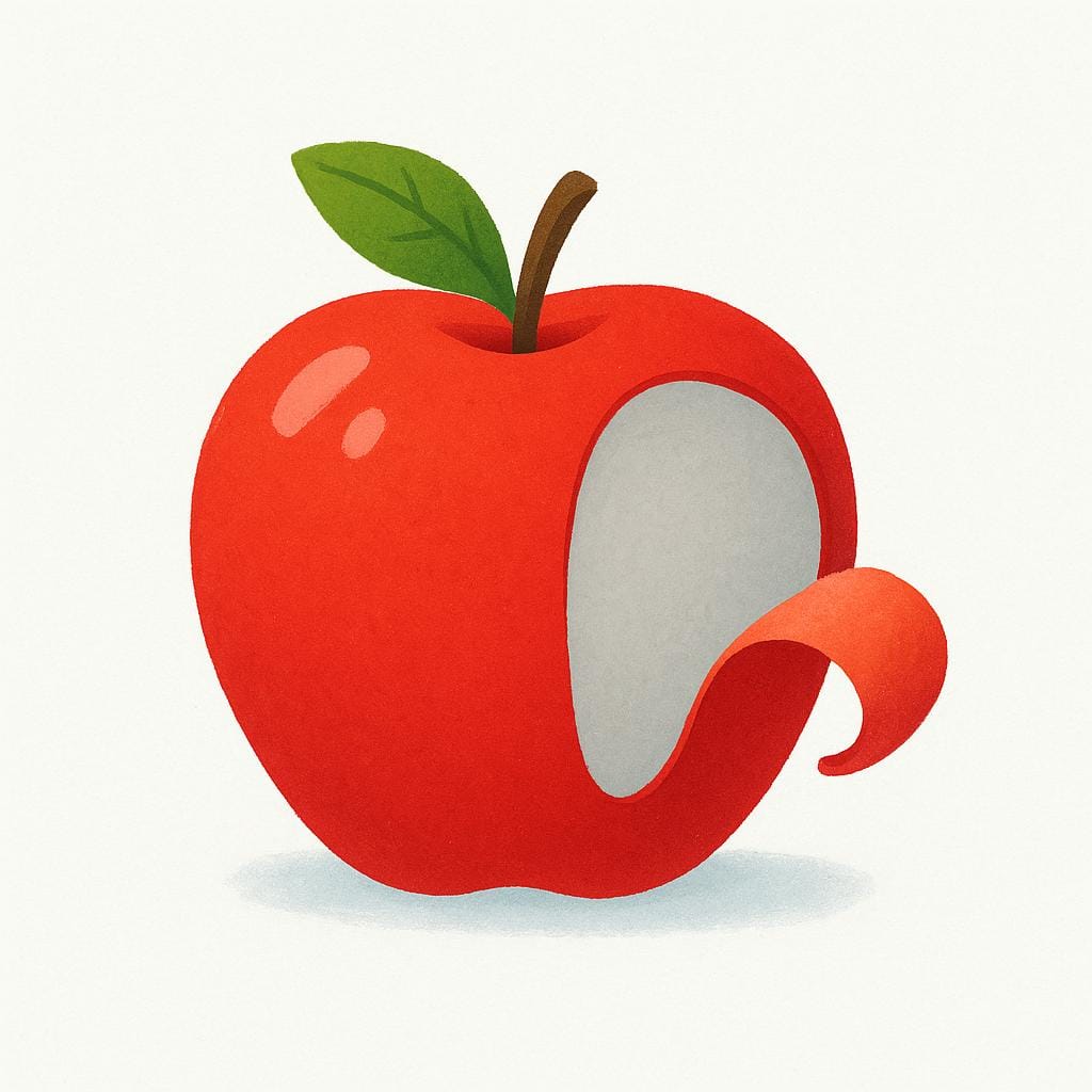 A vibrant red apple that has a small section peeled away, revealing a dull, gray color underneath, symbolizing an outward show that hides a different reality.