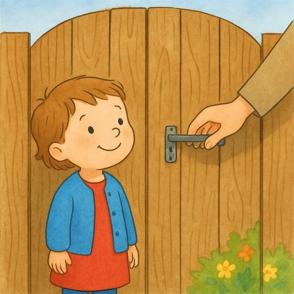 An illustration showing a tall wooden garden gate being opened by an adult's hand, granting passage to a small child waiting outside.