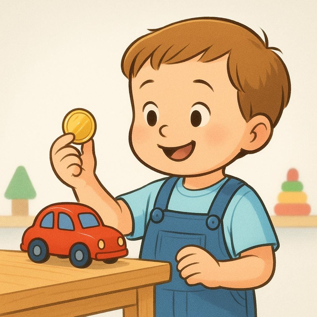 Un bambino sorridente tiene in mano una moneta grande e lucida, guardando avanti con aspettativa verso una piccola macchinina rossa esposta su una semplice mensola di legno.