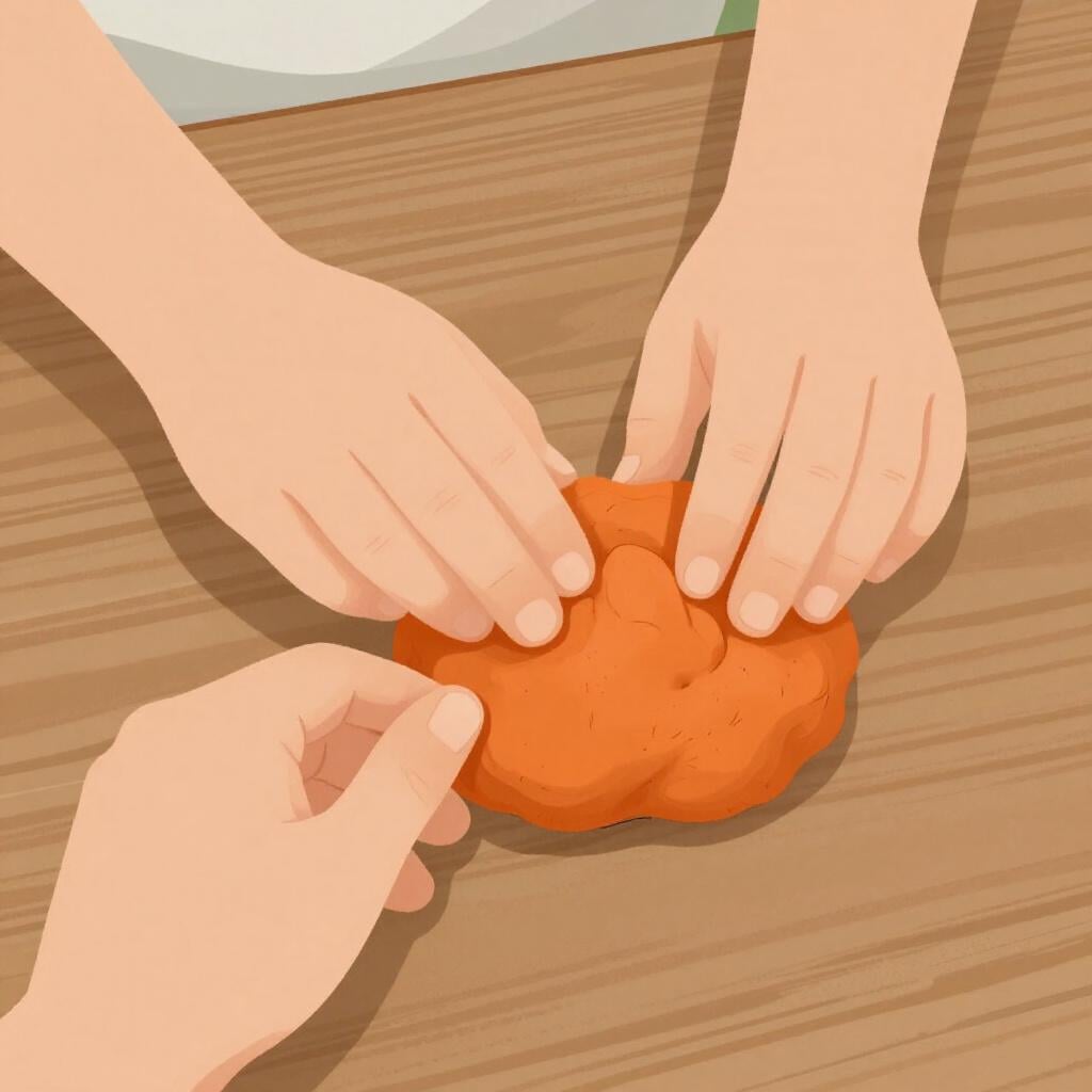 柔らかく明るい色の粘土の塊が、手で形作られている。