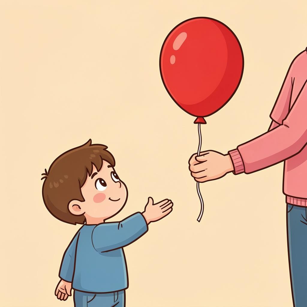 A small child reaching out their hand while looking up expectantly at an adult to request a colorful balloon.