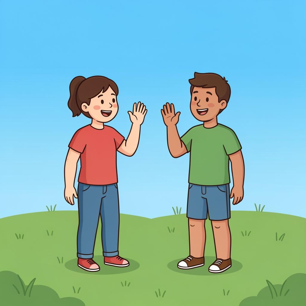 A person waving back to a friend who is waving from a distance.