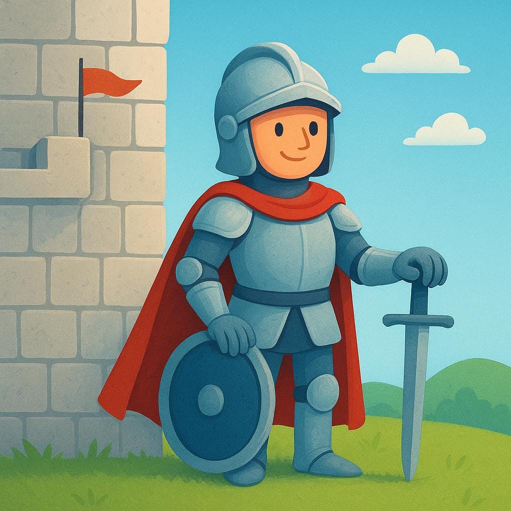 A storybook illustration of a medieval knight in shining armor standing next to a large stone castle wall, symbolizing a historical era.