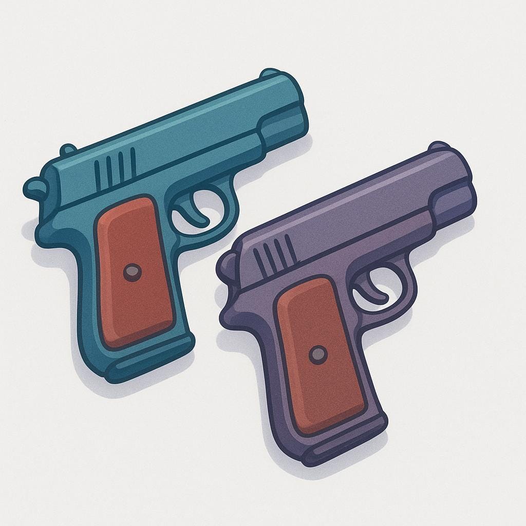 A high quality storybook illustration depicting two stylized, colorful pistols resting side by side.