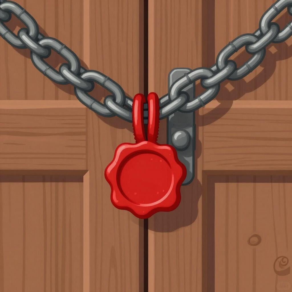 A bright red official wax seal and a thick metal chain across the handles of a large wooden double door.