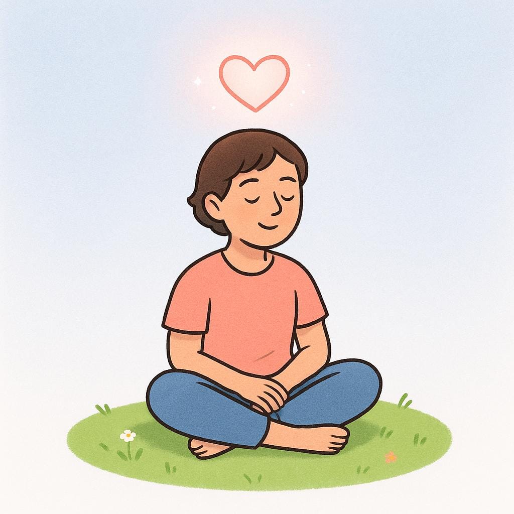 A person sitting cross-legged and looking peaceful on a patch of grass. A small, glowing heart shape hovers gently above their head, symbolizing inner peace and self-discovery.