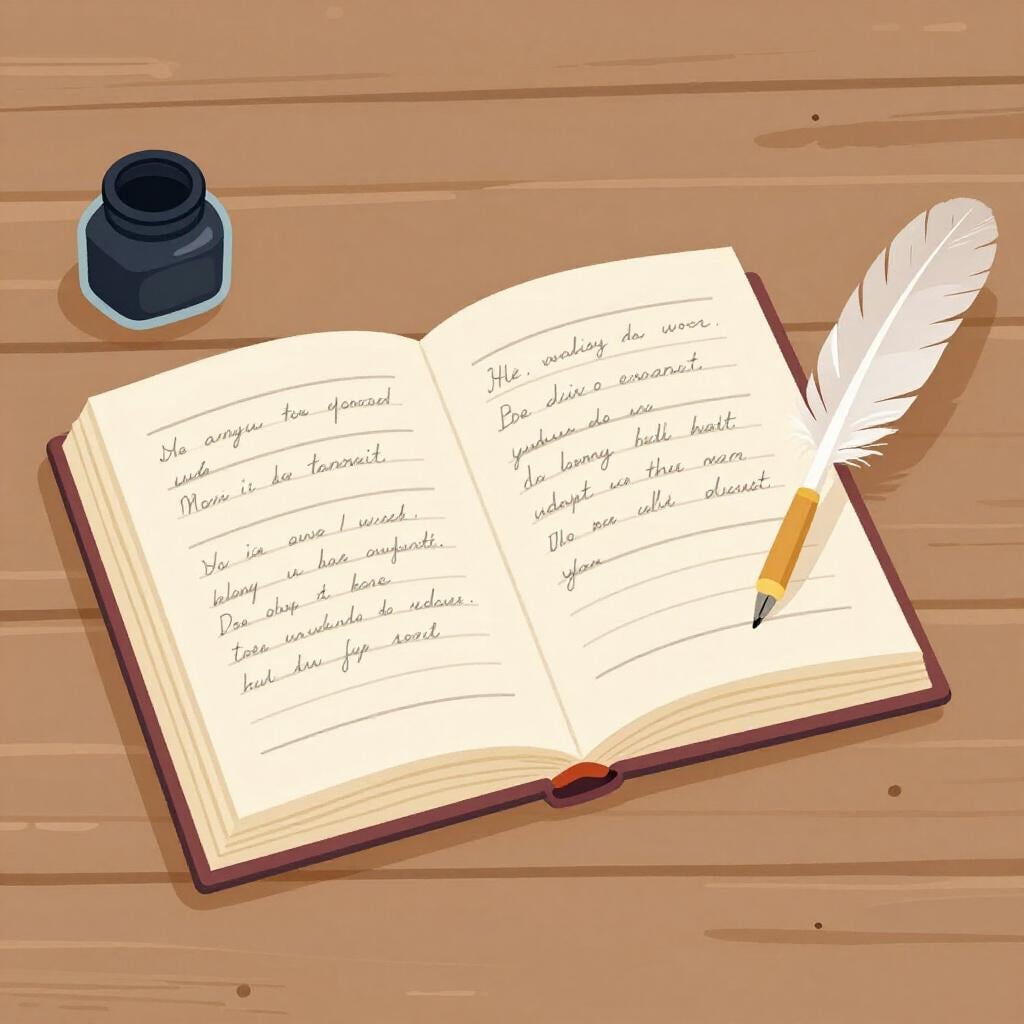 An open book with handwritten verses and a quill pen resting beside it on a wooden table.