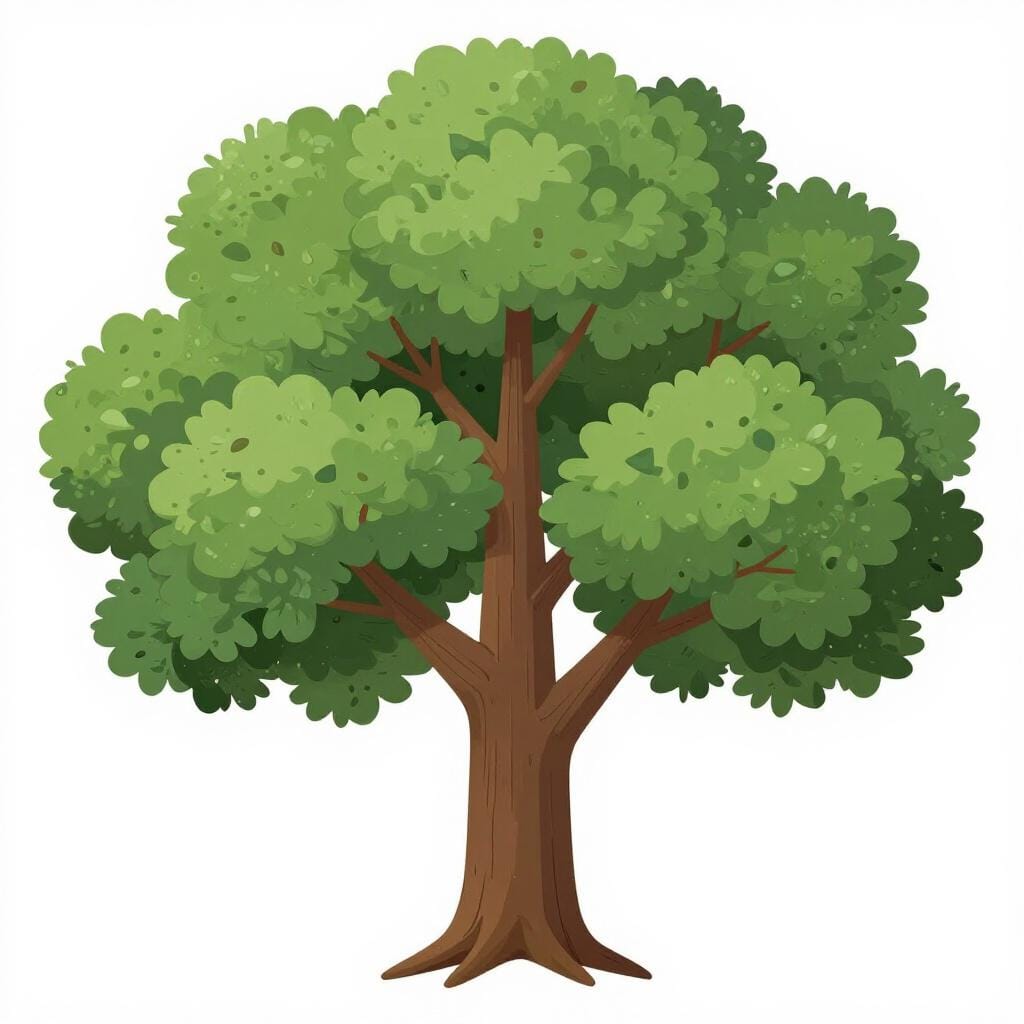 Uma árvore de carvalho espessa e saudável com um tronco largo e folhas verdes exuberantes, de pé firmemente num campo.