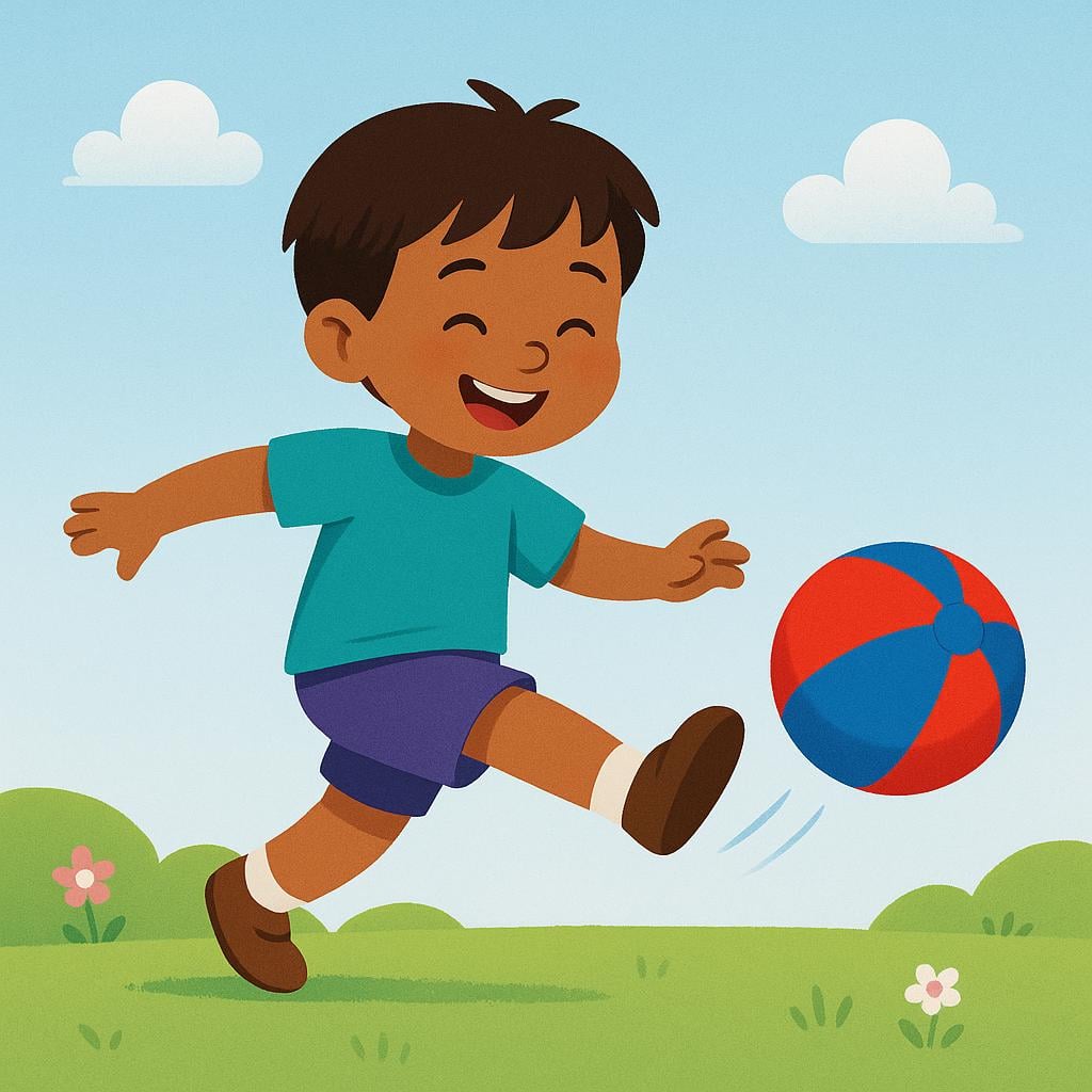A child with a happy expression kicking a brightly colored soccer ball in a grassy park.