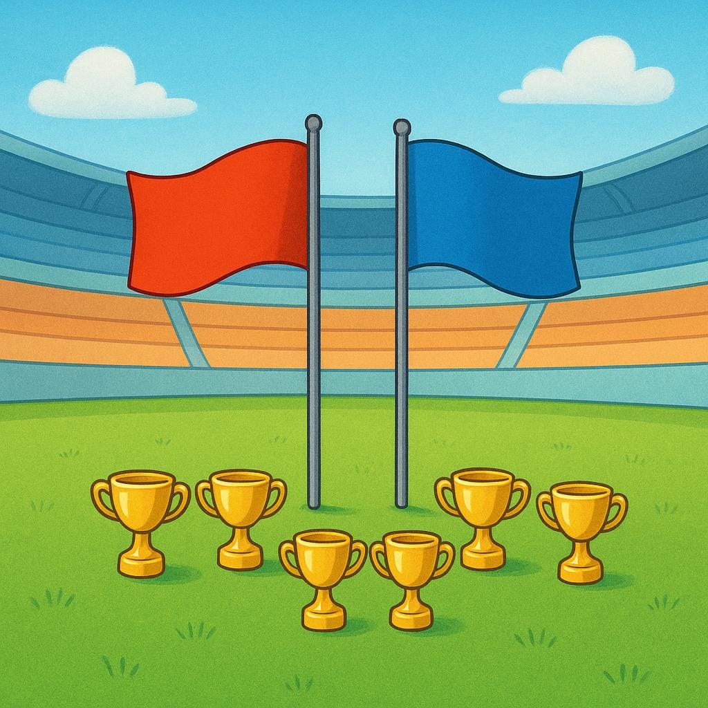 A simplified illustration of a sports arena background with two opposing flags, one red and one blue. Below them, small golden trophies are distributed, showing a tally of multiple matches played in a series.