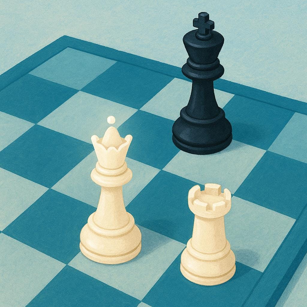 An illustration of a black king chess piece trapped on a simple chessboard by a white queen and a white rook, symbolizing checkmate.