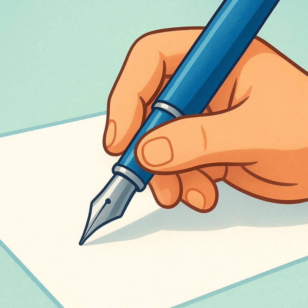 A close-up, simple storybook illustration showing an adult hand holding a fountain pen, poised directly over a blank sheet of paper, ready to start writing immediately.
