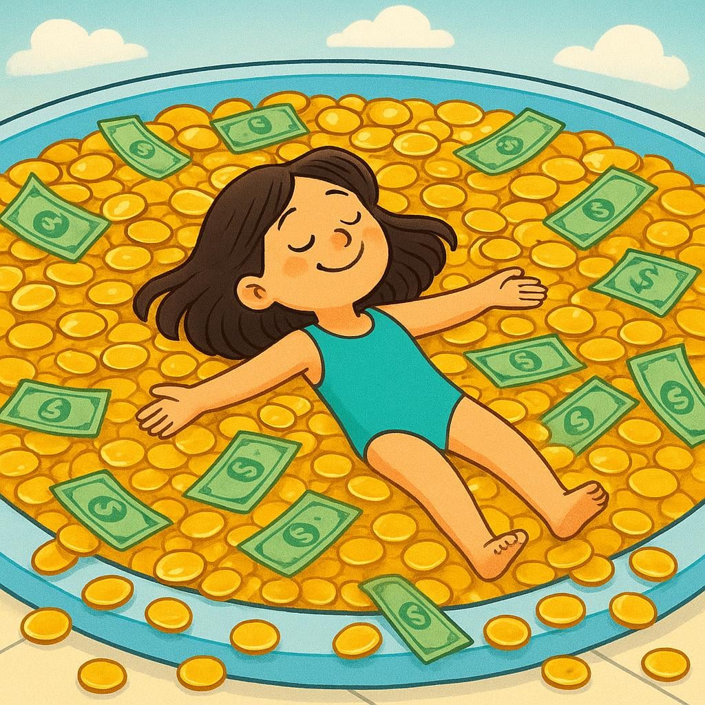 A figurative illustration showing a person relaxing while floating on their back in a large, overflowing pool filled entirely with golden coins and paper bills, symbolizing extreme wealth.