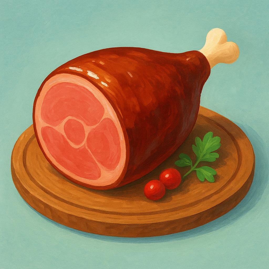 A stylized image of a large, roasted leg of ham, complete with a bone, resting on a wooden serving board.