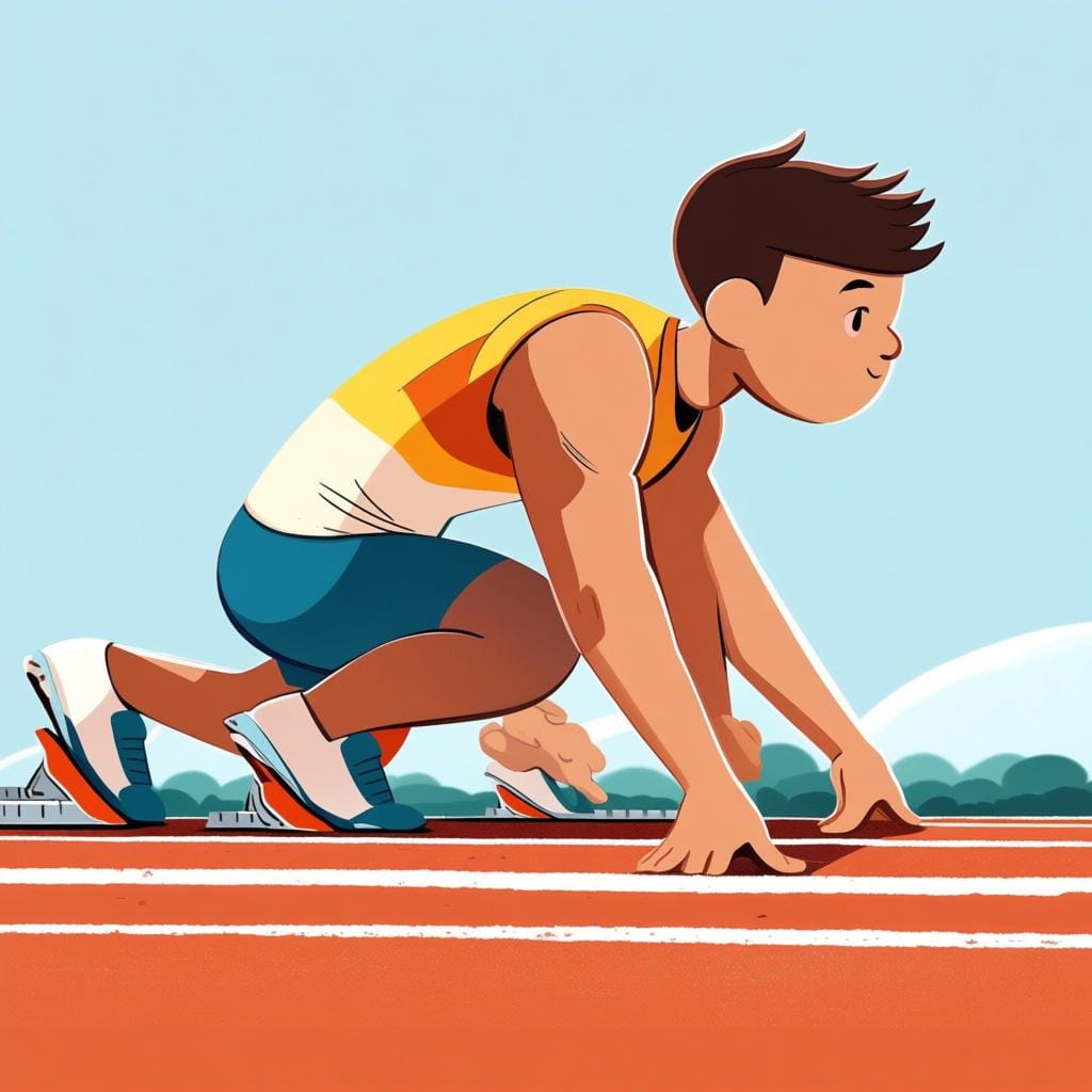 A cartoon illustration of a track runner crouched low at the starting block, looking focused and poised, ready to begin the race.