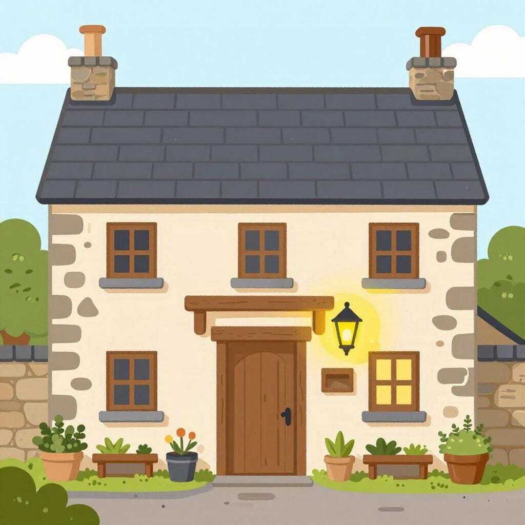 A cozy, small stone building with a warm glowing lantern hanging by the wooden door.