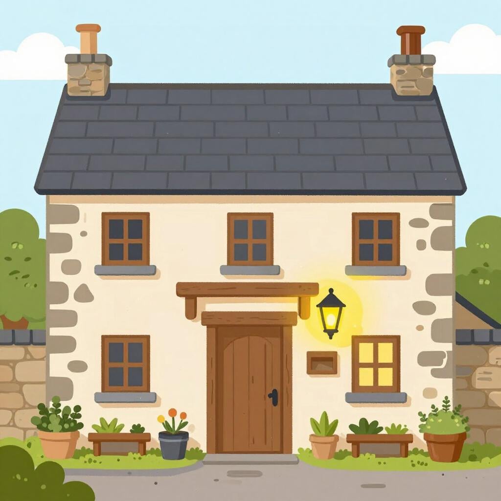 A cozy, small stone building with a warm glowing lantern hanging by the wooden door.