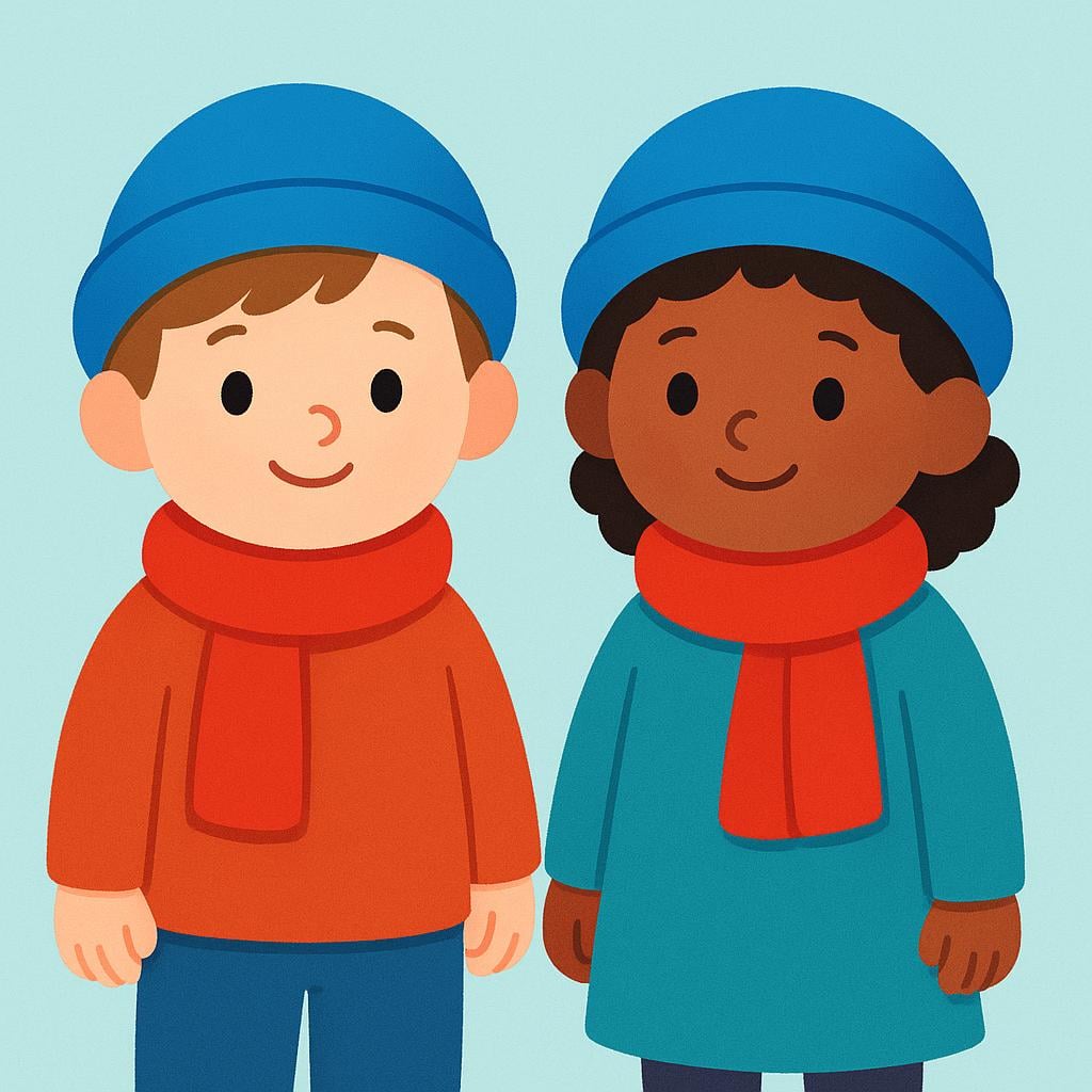 Two friends standing side-by-side, both wearing identical brightly colored red scarves and smiling.