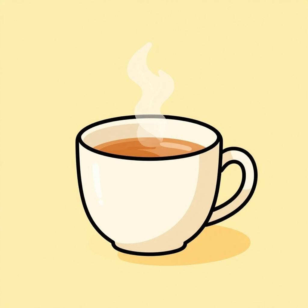 Een keramische mok thee met een enkele, vage stoomwolk die opstijgt tegen een effen achtergrond.