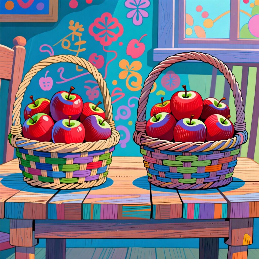 Two identical baskets, both filled to the brim with bright red apples, illustrating equal quantity or 'as many as'.