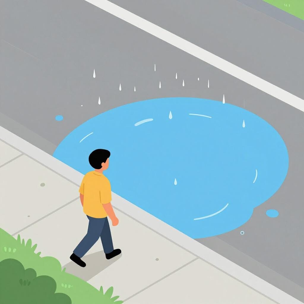 A person walking on a path, stepping carefully around a large puddle to stay dry.