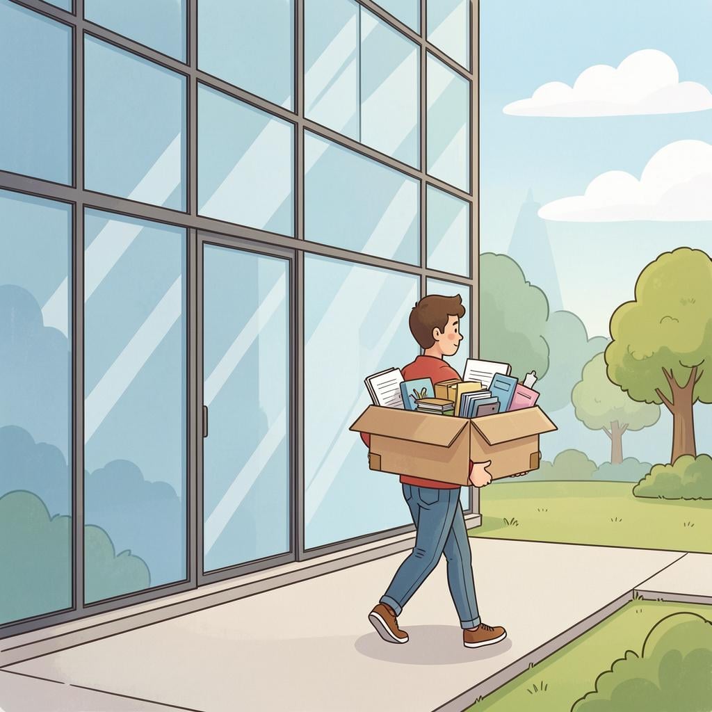 A person walking away from an office building carrying a cardboard box with their belongings.