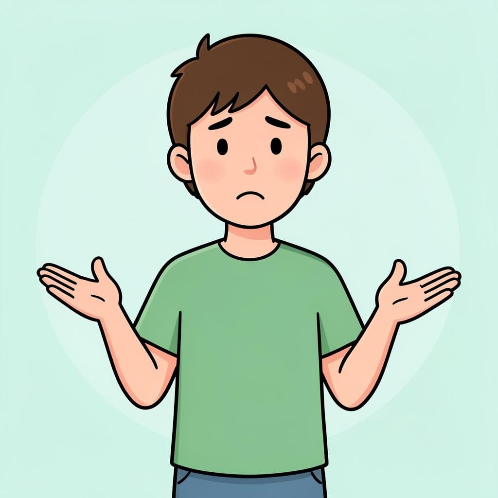 A person shrugging their shoulders with empty thought bubbles above their head in a simple storybook style.