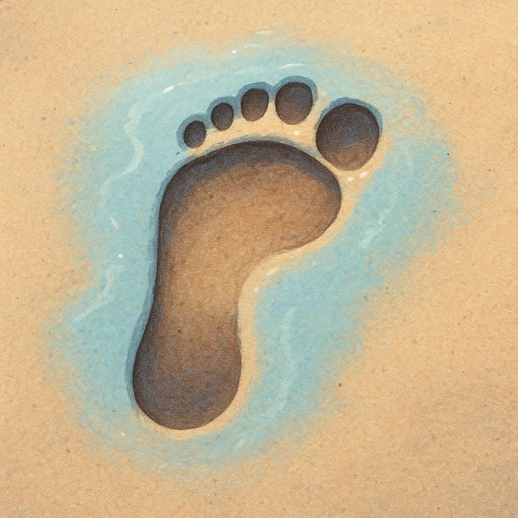 A clear, deep footprint impressed into soft, wet sand on a beach.