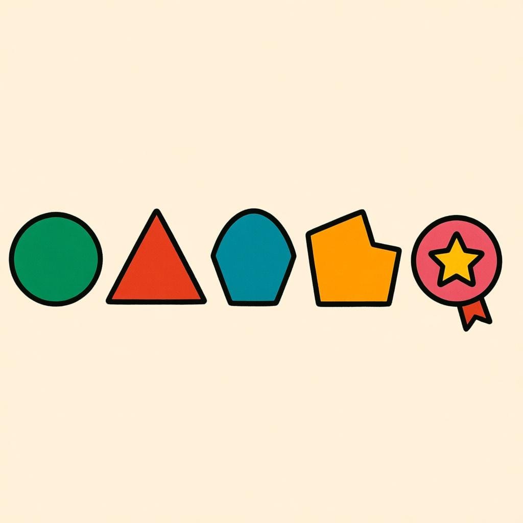 明るい色の単純な幾何学的図形が5つ並んでおり、右端の5番目の図形に小さな星印が付いています。