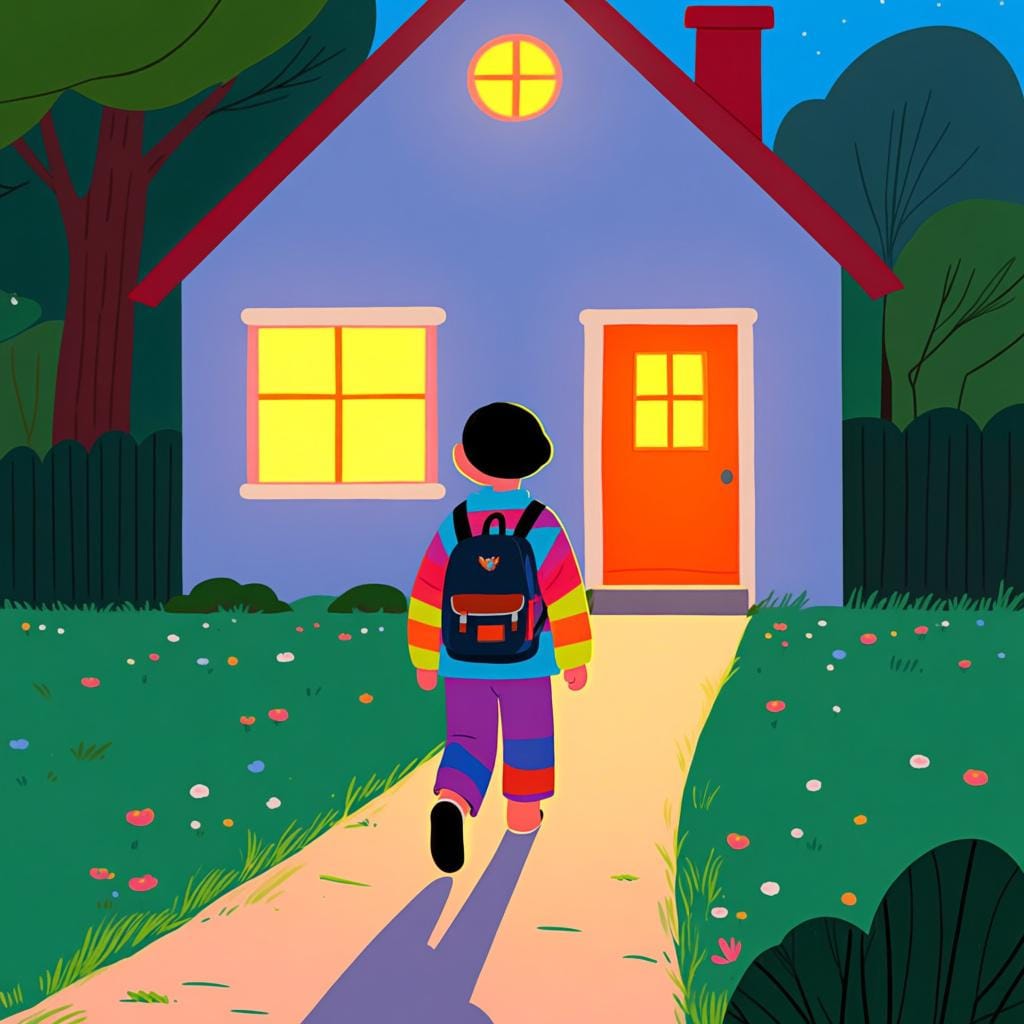 Una piccola figura che si allontana lungo un sentiero sterrato, lasciandosi alle spalle una casa accogliente dai colori vivaci, illustrando l'azione della partenza.