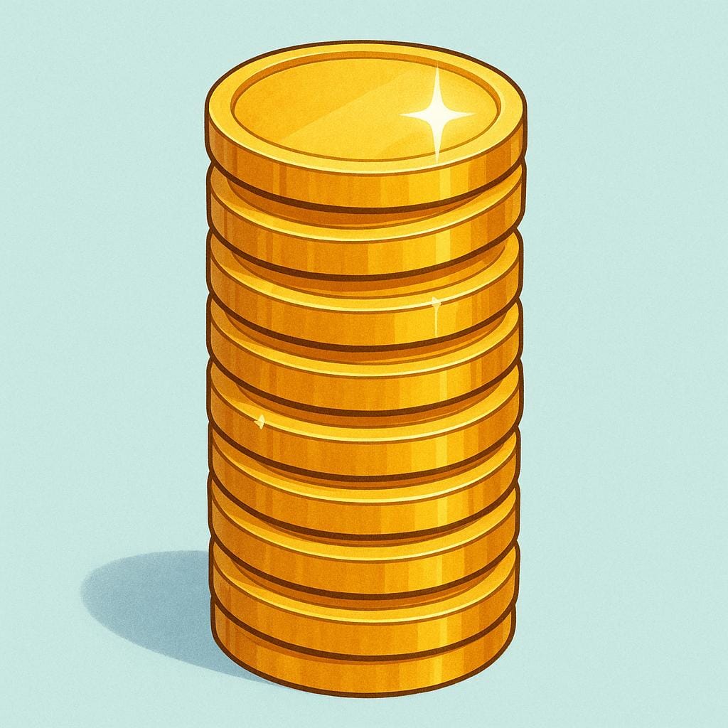 A high, neat stack of large, stylized circular gold coins representing currency.