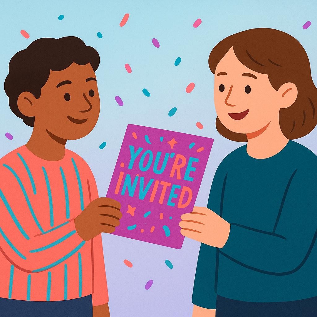 A smiling person extending a brightly colored party invitation card towards another person, symbolizing an invitation.