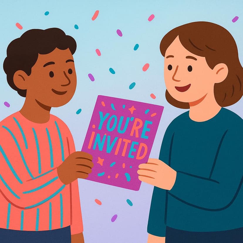 A smiling person extending a brightly colored party invitation card towards another person, symbolizing an invitation.