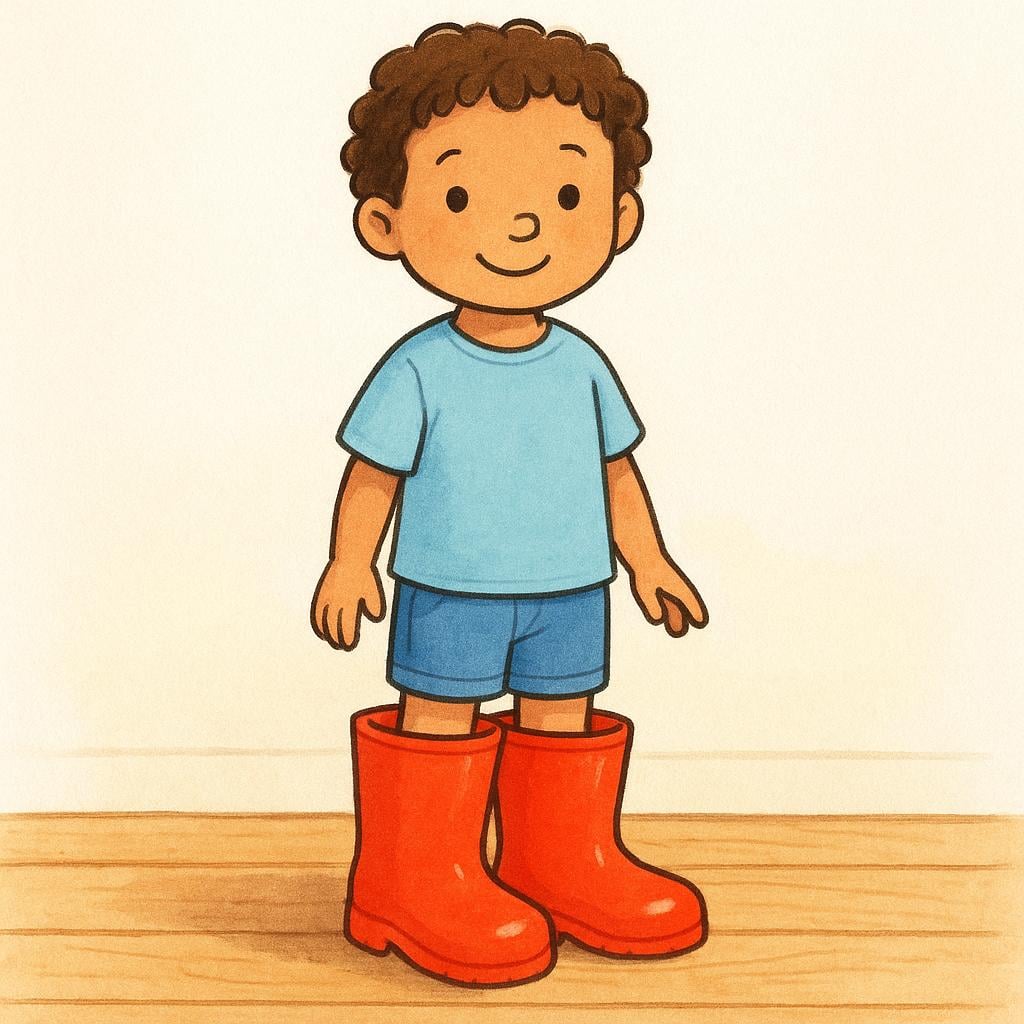 A small smiling child standing on a wooden floor, wearing a pair of oversized, bright red rain boots that are clearly too large for their feet.