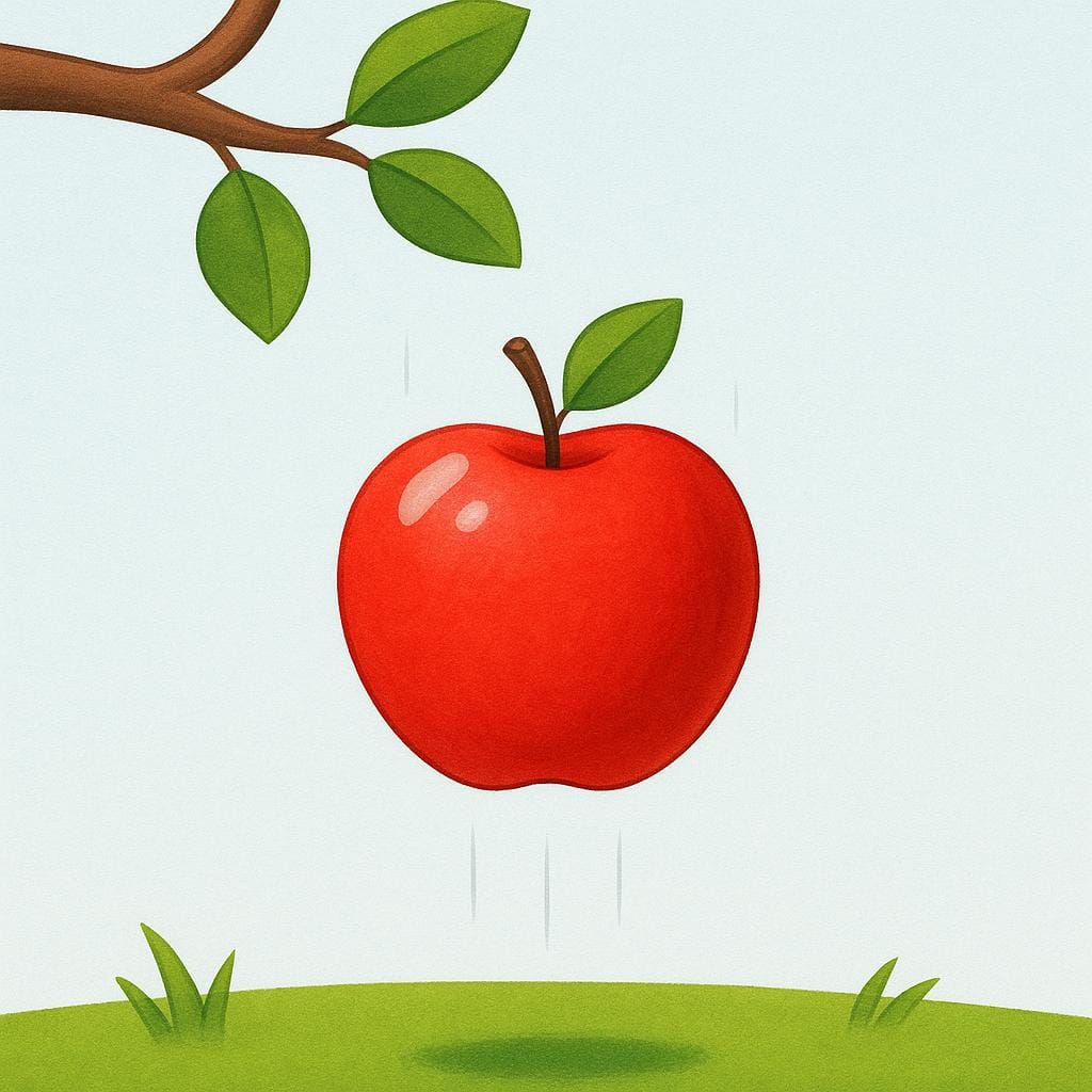 Ein roter Apfel fällt von einem Baumast auf das darunter liegende Gras.