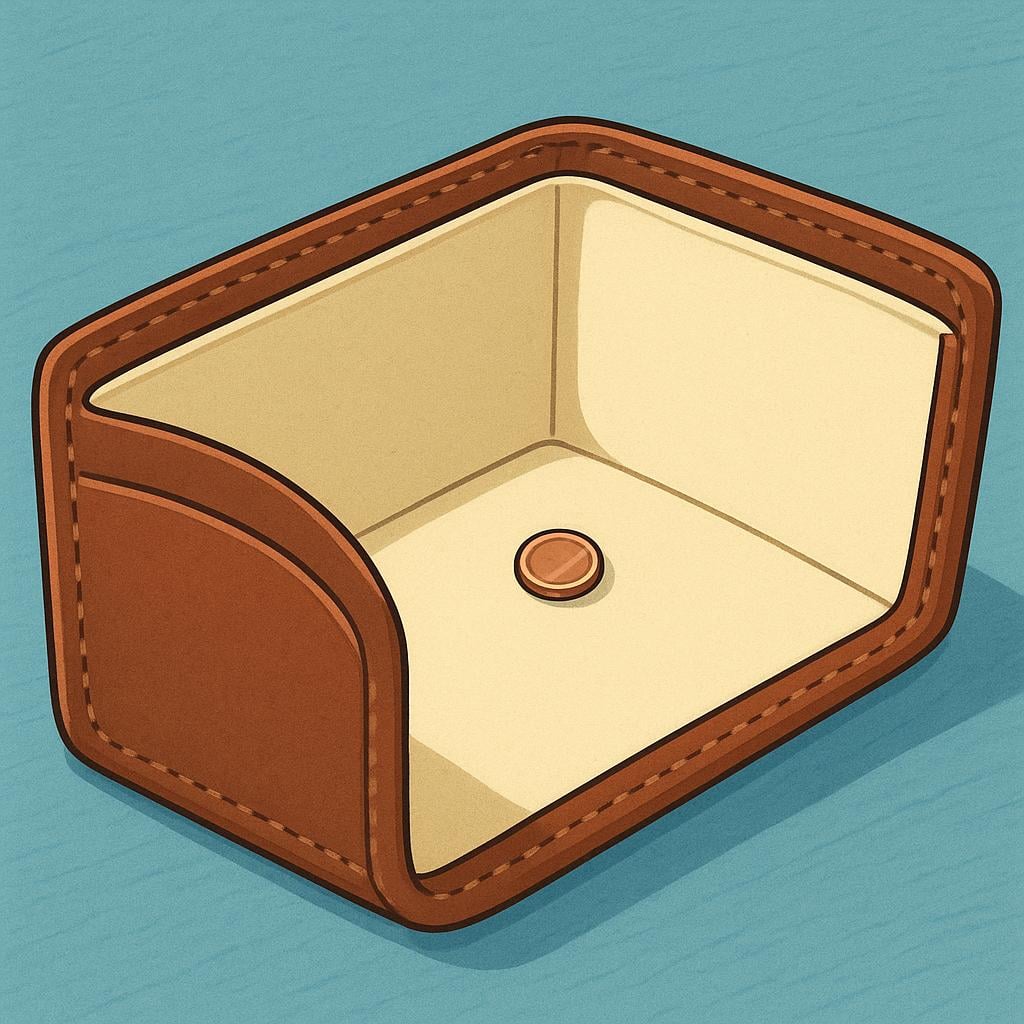 A close-up view of a large, open, empty leather wallet resting on a table, containing only a single small coin.