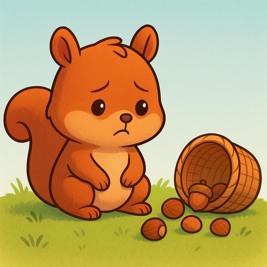 A small, cartoonish squirrel sitting on grass next to a tiny spilled basket of nuts, looking downward with a mildly frustrated and sympathetic expression.