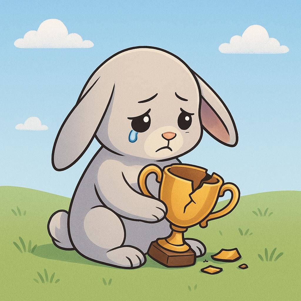 A sad cartoon rabbit sits slumped on the ground, holding a broken trophy, symbolizing defeat.