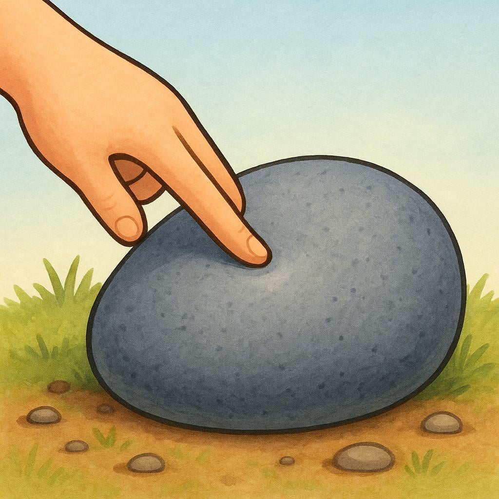 A close-up view of a hand touching a large, smooth gray river stone resting on the ground, illustrating physical contact with the material world.